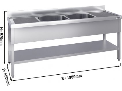 Dřez nerezový s policí 1,8 m, 2 dřez uprostřed, hloubka 60 cm