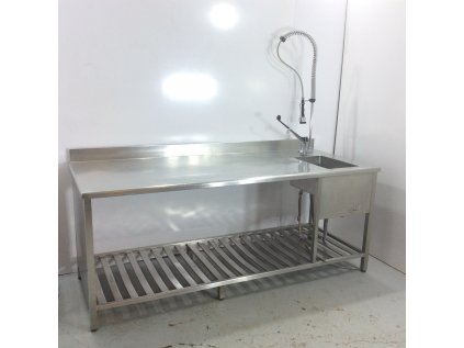 Nerezový stůl s dřezem baterií a sprchou 220 x 90 x 98