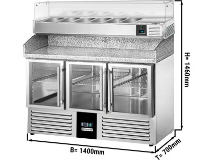 PREMIUM - chladiaci stôl na pizzu - 1,4 x 0,7 m - s 3 sklenenými dverami