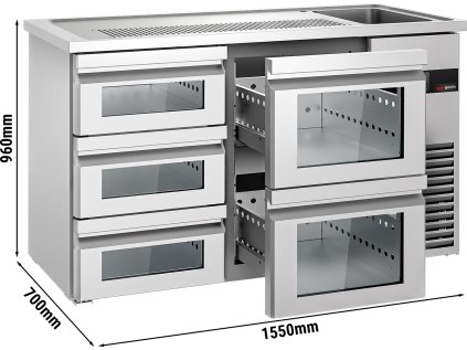 Pivný pult 1,55 x 0,7 m - so sklenenými zásuvkami 2x1/2 a 3x 1/3