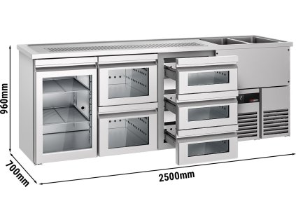 Výčepní pult 2,5 x 0,7 m - 1 skleněné dveře se 2 skleněnými šuplíky 1/2 & 3 skleněnými šuplíky 1/3