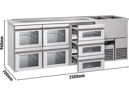 Pivný pult 2,5 x 0,7 m - so 4 sklenenými zásuvkami 1/2 a 3 sklenenými zásuvkami 1/3