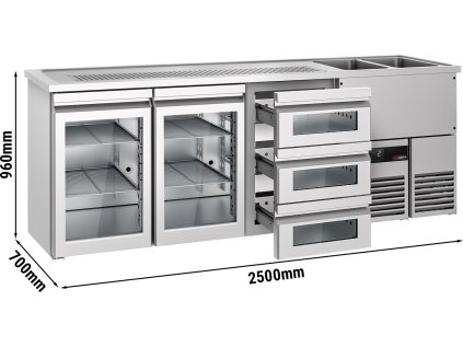 Pivný pult 2,5 x 0,7 m - 2 sklenené dvere s 3 sklenenými zásuvkami 1/3