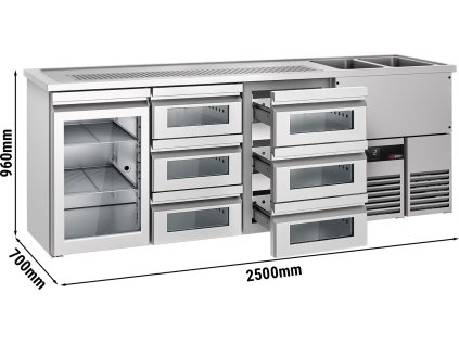 Pivní pult 2,5 x 0,7 m - 1 skleněné dveře se 6 skleněnými zásuvkami 1/3