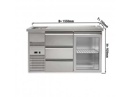 Výčepní pult 1,5 x 0,7 m - s 1 skleněnými dvířky a 3 zásuvkami 1/3 + 1/3 + 1/3