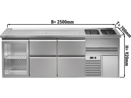 Výčapný pult 2,5 x 0,7 m - s 1 sklenenými dverami a 4 zásuvkami 2/5 + 3/5