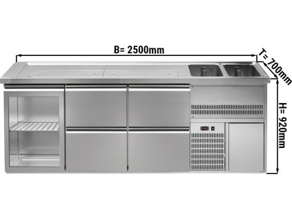 Výčepní pult 2,5 x 0,7 m - s 1 skleněnými dveřmi a 4 zásuvkami 1/2 + 1/2