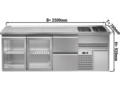 Výčepní pult 2,5 x 0,7 m - se 2 skleněnými dveřmi & 2 šuplíky 1/2 + 1/2