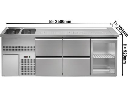 Výčepní pult 2,5 x 0,7 m - s 1 skleněnými dveřmi a 4 zásuvkami 1/2 + 1/2