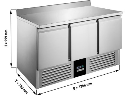 Saladette / Chladicí stůl na pizzu PREMIUM - 1,37 x 0,7 m - se 3 dveřmi & obkladovým panelem