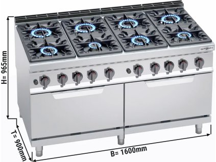 Plynový sporák - 8x hořák (69 kW) + 2 plynové trouby (2x 7,6 kW)