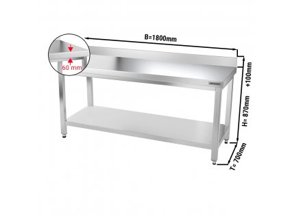 Nerezový pracovní stůl PREMIUM - 1,8 m - se spodní policí a zadním lemem