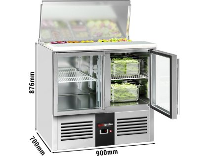 Saladette / Chladicí stůl PREMIUM - 0,9 x 0,7 m - se 2 skleněnými dveřmi