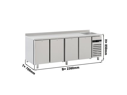 Chladicí stůl - 2,36 x 0,7 m - se 4 dveřmi, 1 umyvadlem na pravé straně a zadním lemováním - 540 litrů