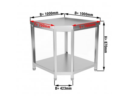 Rohový pracovní stůl z nerezové oceli - 1000x700mm - se spodní policí, bez obkladového panelu