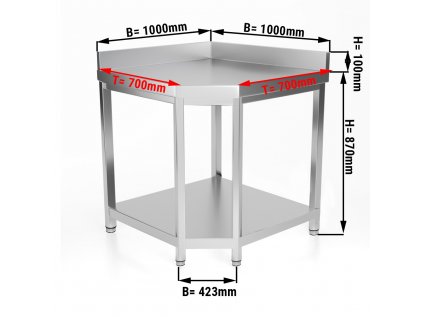 Rohový pracovní stůl z nerezové oceli - 1000x700mm - se spodní policí & obkladovým panelem