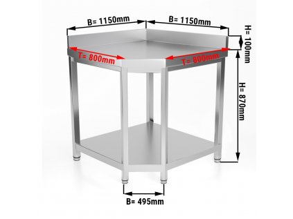 Rohový pracovný stôl z nerezovej ocele - 1,15 x 0,8 m - s policou a zadným lemom
