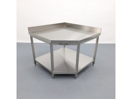 Rohový pracovní stůl z nerezové oceli - 1,15 x 0,8 m - s policí a zadním lemem