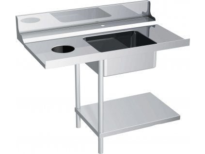 Commercial Dishwasher Inlet Table PREMIUM – 1-Bowl – Stainless Steel – 1000×520×865 mm – with waste chute & shelf; height-adjustable feet – Left-hand