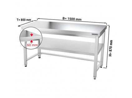 Nerezový pracovní stůl PREMIUM - 1,5 m - s podnoží, podpěrou a zadním lemem