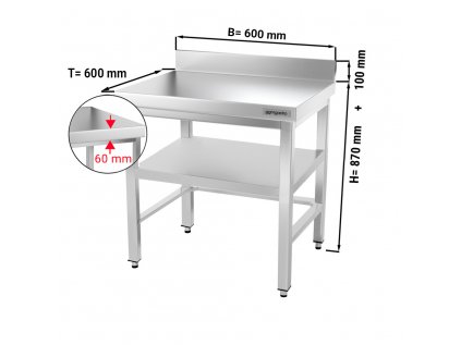 Nerezový pracovný stôl PREMIUM - 0,6 m - s podnožou, podperou a zadným lemom