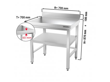 Nerezový pracovní stůl PREMIUM - 0,7 m - s podnoží, podpěrou a zadním lemem