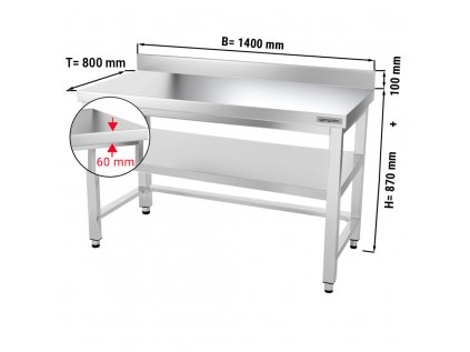 Nerezový pracovný stôl PREMIUM - 1,4 m - s podnožou, podstavcom a zadným lemom
