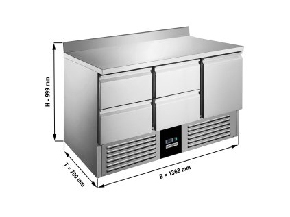Saladette / Chladicí stůl na pizzu PREMIUM - 1,37 x 0,7 m - s 1 dveřmi, 4 šuplíky & obkladovým panelem