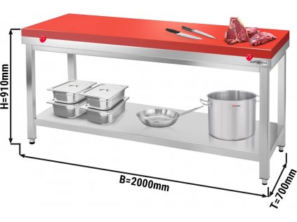 Nerezový pracovný stôl PREMIUM - 2,0 m - s podnožou - vrátane krájacej dosky v červenej farbe