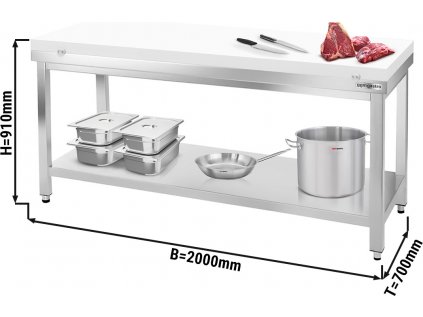 Nerezový pracovný stôl PREMIUM - 2,0 m - so základnou doskou - vrátane krájacej dosky v bielej farbe