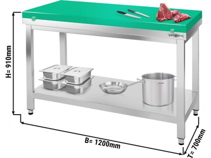 Nerezový pracovný stôl PREMIUM - 1,2 m - s podnožou - vrátane krájacej dosky v zelenej farbe