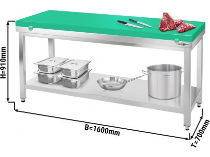 Nerezový pracovný stôl PREMIUM - 1,6 m - s podnožou - vrátane krájacej dosky v zelenej farbe