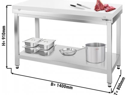 Nerezový pracovný stôl PREMIUM - 1,4 m - s podnožou - vrátane krájacej dosky v bielej farbe
