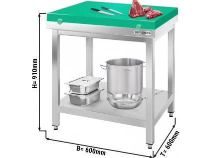 Nerezový pracovný stôl PREMIUM - 0,6 m - s podnožou - vrátane dosky v zelenej farbe
