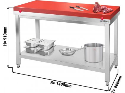 Nerezový pracovný stôl PREMIUM - 1,4 m - s podnožou - vrátane reznej dosky v červenej farbe