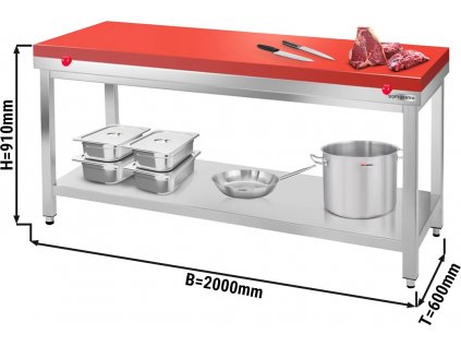 Nerezový pracovný stôl PREMIUM - 2,0 m - s podnožou - vrátane reznej dosky v červenej farbe