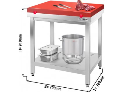 Nerezový pracovní stůl PREMIUM - 0,7 m - s podnoží - včetně krájecí desky v červené barvě