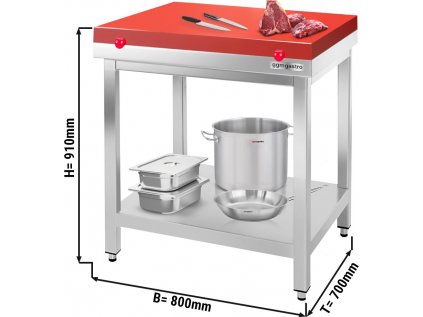 Nerezový pracovný stôl PREMIUM - 0,8 m - s podnožou - vrátane reznej dosky v červenej farbe