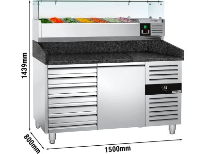 Chladicí stůl na pizzu PREMIUM - 1,5 x 0,8 m - s 1 dveřmi & 7 neutrálními šuplíky