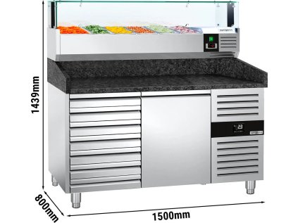 Chladicí stůl na pizzu PREMIUM - 1,5 x 0,8 m - s 1 dveřmi & 7 neutrálními šuplíky