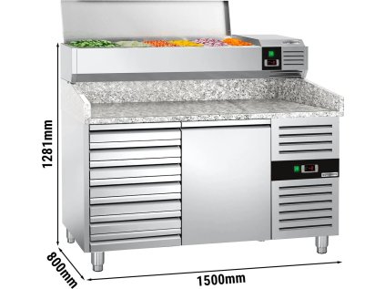 Chladicí stůl na pizzu PREMIUM - 1,5 x 0,8 m - s 1 dveřmi & 7 neutrálními šuplíky
