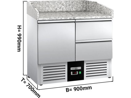 Saladette / Chladicí stůl na pizzu PREMIUM - 0,9 x 0,7 m - s 1 dveřmi, 2 šuplíky & žulovou deskou