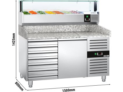 Chladicí stůl na pizzu PREMIUM - 1,5 x 0,8 m - s 1 dveřmi & 7 neutrálními šuplíky