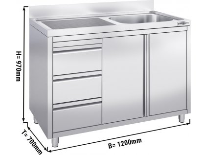 Nerezová drezová skrinka s 3 zásuvkami - 1,2 m - 1 umývadlo vpravo - D 50 x Š 50 cm