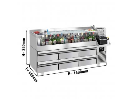 Barový/nápojový chladicí stůl - 1,6 x 0,6 m - 235 litrů - se 3 zásuvkami 1/2 a policemi