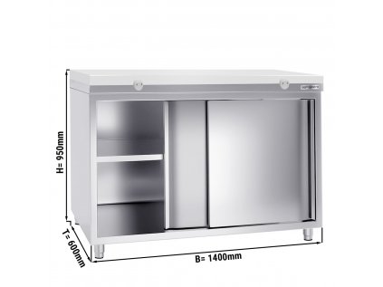 Stainless steel work cabinet PREMIUM - 1400x600mm - with sliding door - incl. cutting board white