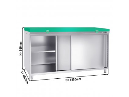 Stainless steel work cabinet PREMIUM - 1800x800mm - with sliding door - incl. cutting board green