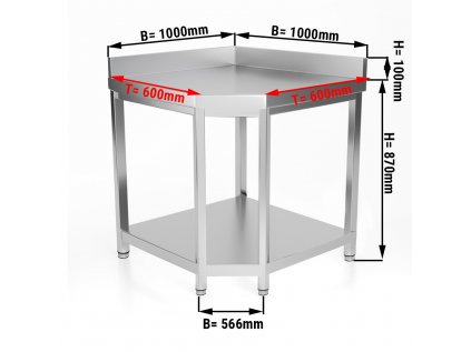 Rohový pracovní stůl z nerezové oceli - 1,0 x 0,6 m - s policí a zadním lemem