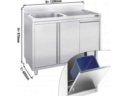 Nerezová skříňka s dřezem a  odpadkovým košem - 1,2 m - 1 dřez vlevo - D 50 x Š 40 cm