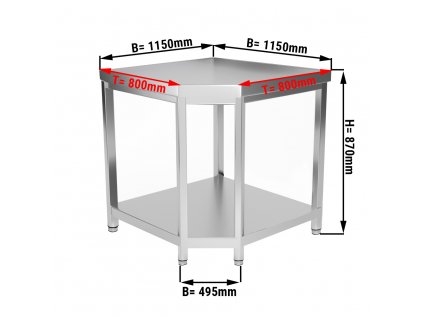 Nerezový pracovný stôl rohový - 1,15 x 0,8 m - s policou